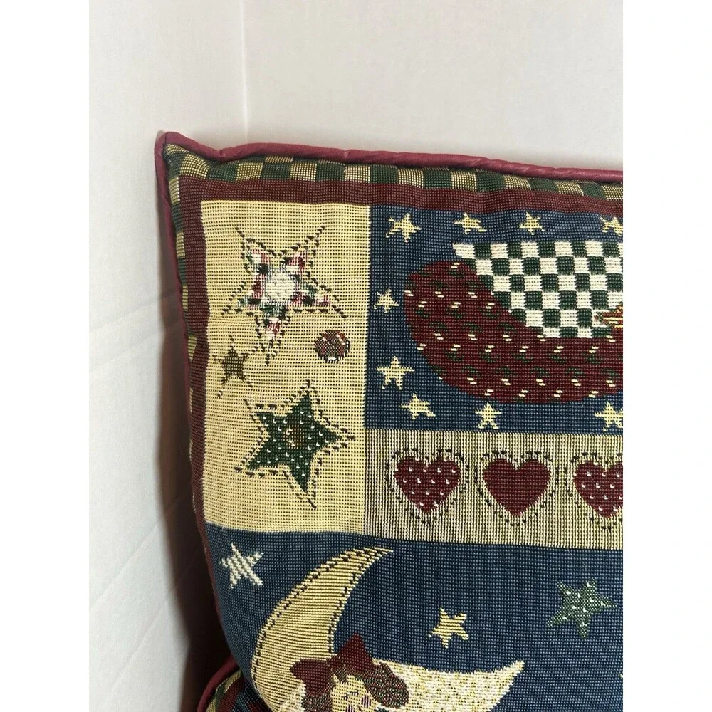 Vintage Christmas Tapestry Pillow Angels Moon Stars Folk Art Cottagecore Decor